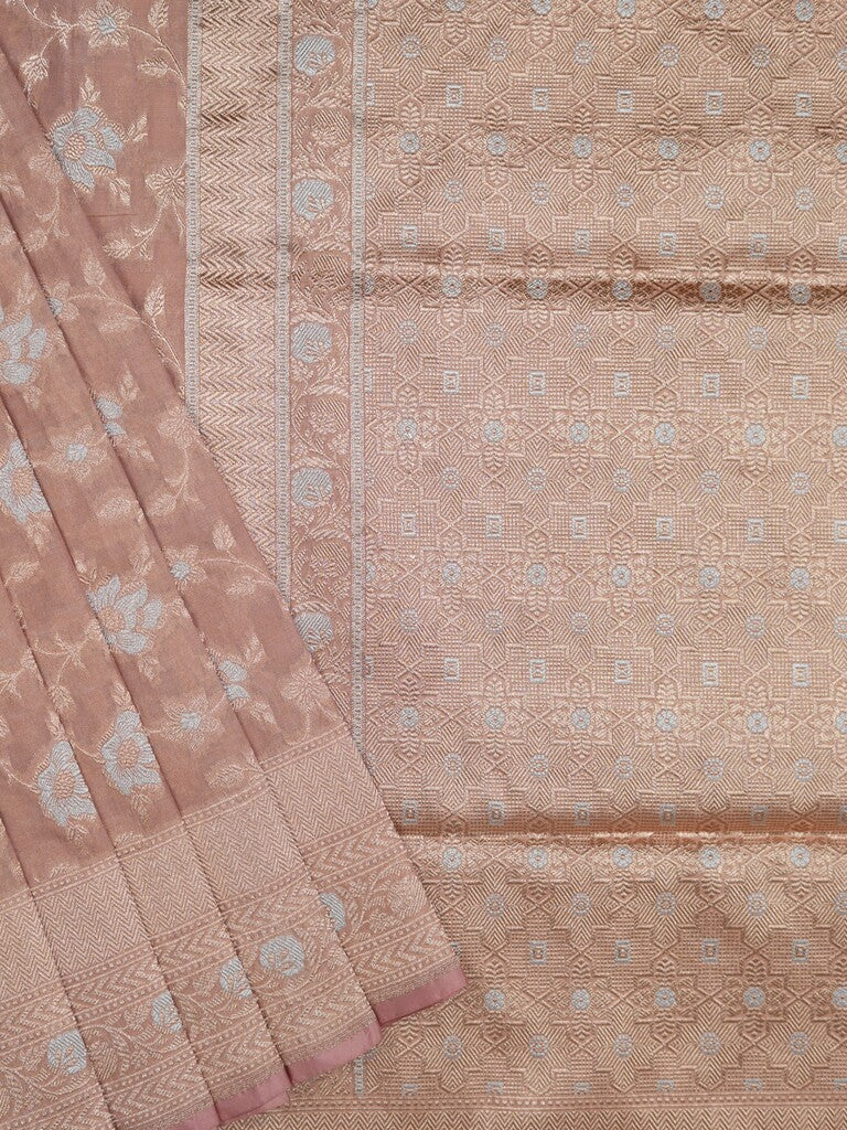 Banaras tissue pattu saree beige color allover zari weaves & zari border with rich pallu and attached plain blouse