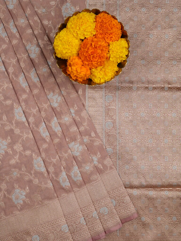 Banaras tissue pattu saree beige color allover zari weaves & zari border with rich pallu and attached plain blouse