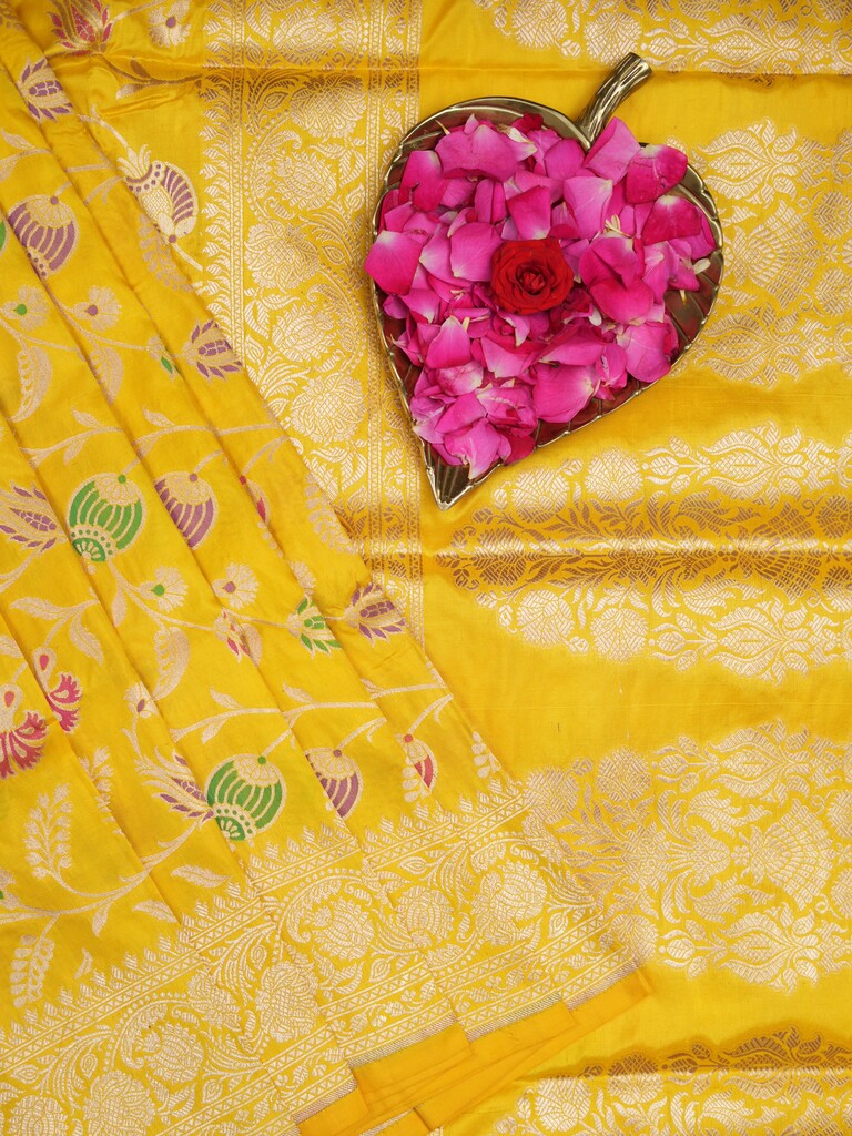 Banaras pattu saree golden yellow color allover zari weaves & zari border with rich pallu and attached plain blouse