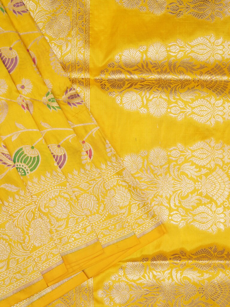 Banaras pattu saree golden yellow color allover zari weaves & zari border with rich pallu and attached plain blouse