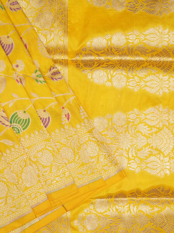 Banaras pattu saree golden yellow color allover zari weaves & zari border with rich pallu and attached plain blouse