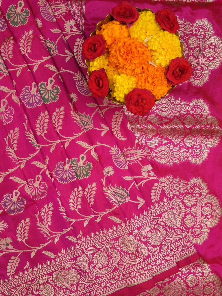 Banaras pattu saree rani pink color allover zari weaves & zari border with rich pallu and attached plain blouse