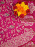Banaras pattu saree rani pink color allover zari weaves & zari border with rich pallu and attached plain blouse