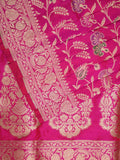 Banaras pattu saree rani pink color allover zari weaves & zari border with rich pallu and attached plain blouse