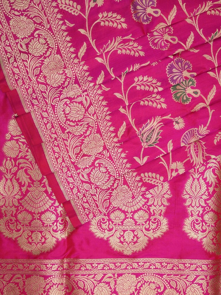Banaras pattu saree rani pink color allover zari weaves & zari border with rich pallu and attached plain blouse