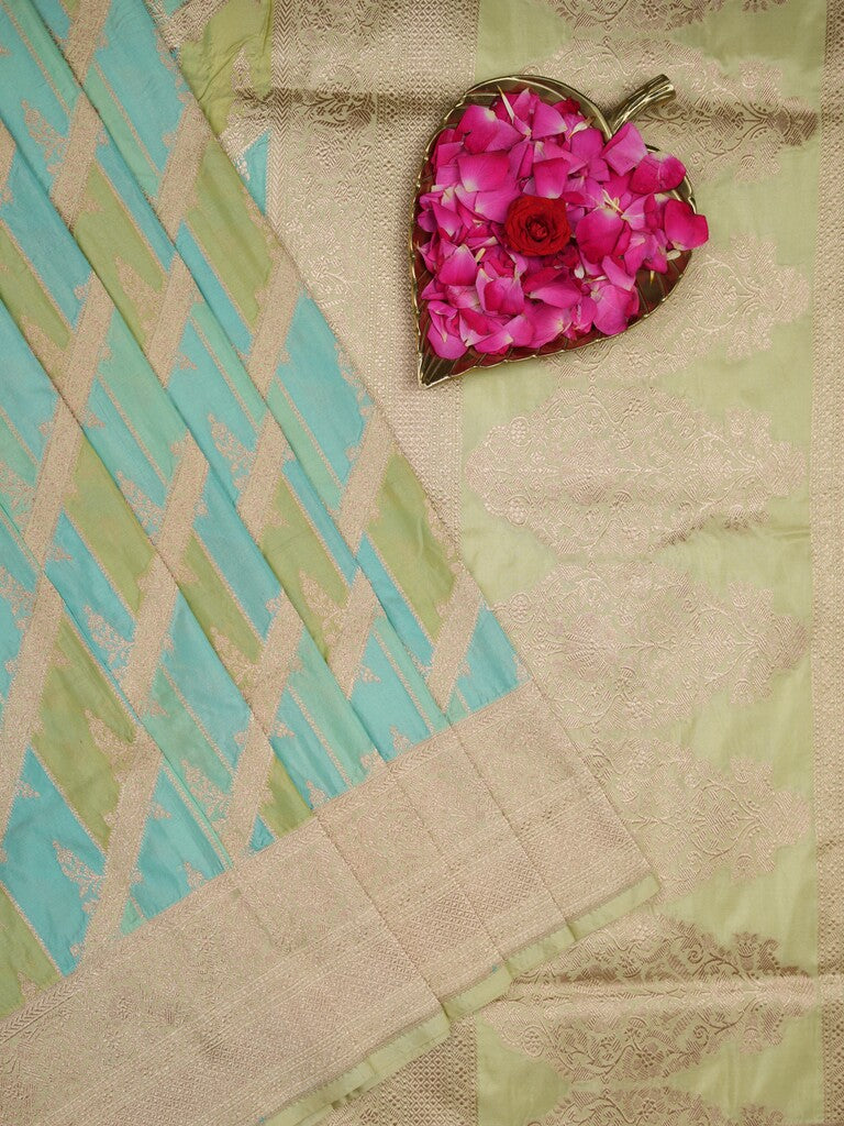 Banaras pattu saree pastel blue color allover zari weaves & zari border with rich pallu and attached plain blouse