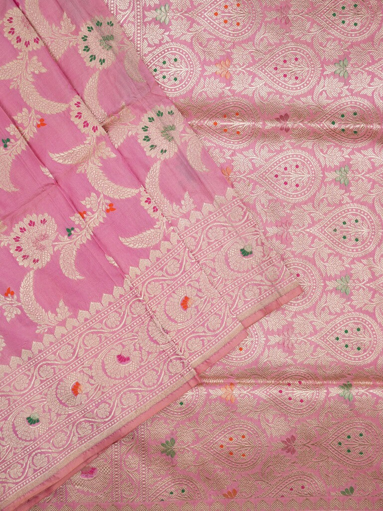 Banaras pattu saree onion pink color allover zari weaves & zari border with rich pallu and attached plain blouse