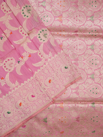 Banaras pattu saree onion pink color allover zari weaves & zari border with rich pallu and attached plain blouse