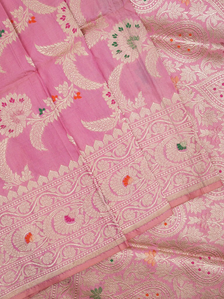 Banaras pattu saree onion pink color allover zari weaves & zari border with rich pallu and attached plain blouse