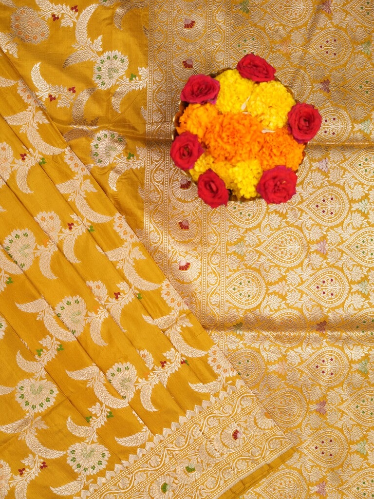 Banaras pattu saree golden yellow color allover zari weaves & zari border with rich pallu and attached plain blouse