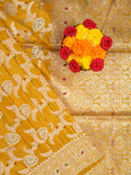 Banaras pattu saree golden yellow color allover zari weaves & zari border with rich pallu and attached plain blouse