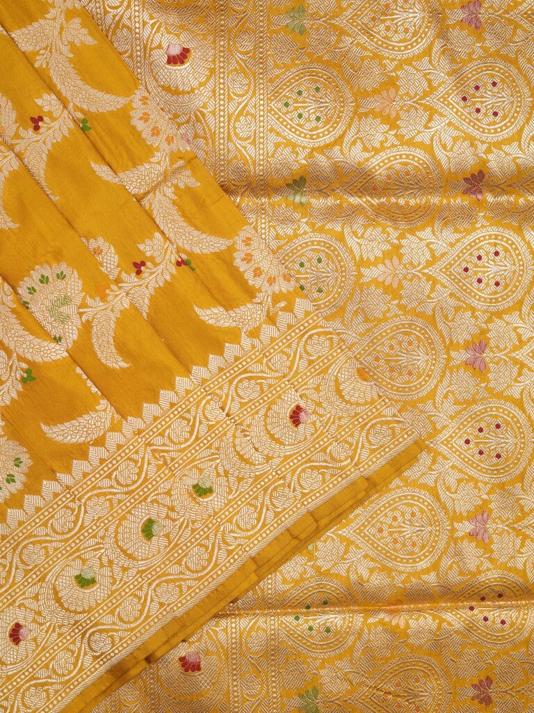 Banaras pattu saree golden yellow color allover zari weaves & zari border with rich pallu and attached plain blouse