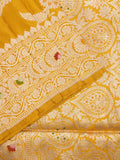 Banaras pattu saree golden yellow color allover zari weaves & zari border with rich pallu and attached plain blouse