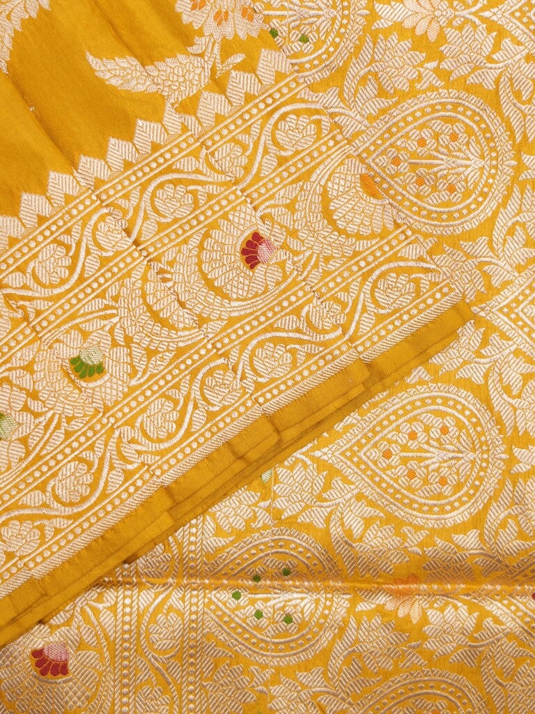 Banaras pattu saree golden yellow color allover zari weaves & zari border with rich pallu and attached plain blouse
