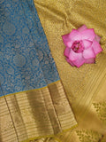 Kanchi pattu saree peacock blue color allover zari weaves & kanchi border with rich pallu and contrast blouse