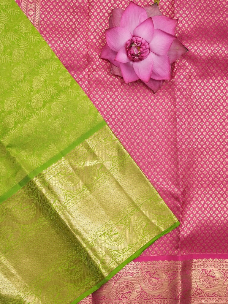 Kanchi pattu saree parrot green color allover zari weaves & kanchi border with rich pallu and contrast blouse