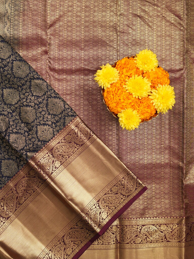 Kanchi pattu saree dark blue color allover zari weaves & kanchi border with rich pallu and contrast blouse