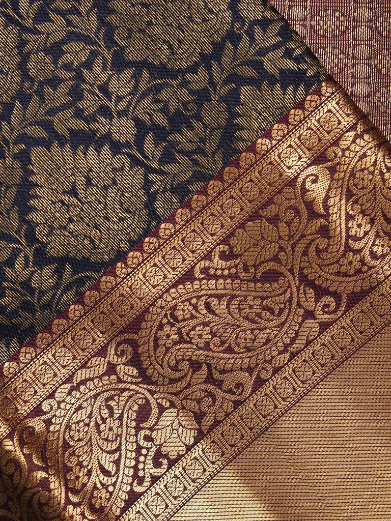 Kanchi pattu saree dark blue color allover zari weaves & kanchi border with rich pallu and contrast blouse