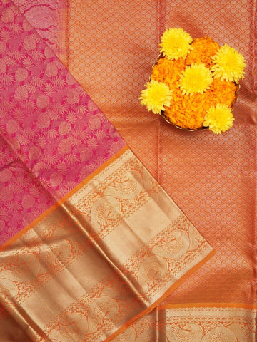Kanchi pattu saree pink color allover zari weaves & kanchi border with rich pallu and contrast blouse