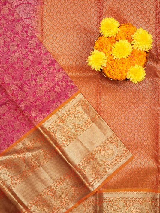 Kanchi pattu saree pink color allover zari weaves & kanchi border with rich pallu and contrast blouse