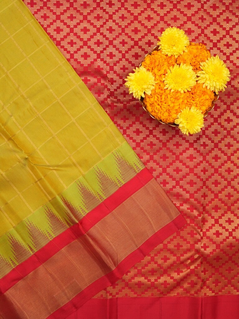 Gadwal pattu saree golden yellow color allover zari weaves & kanchi border with rich pallu and contrast plain blouse