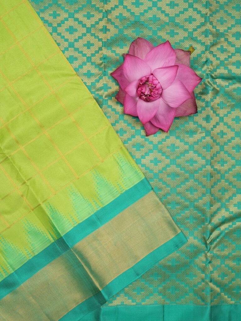 Gadwal pattu saree parrot green color allover zari weaves & kanchi border with rich pallu and contrast plain blouse