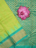 Gadwal pattu saree parrot green color allover zari weaves & kanchi border with rich pallu and contrast plain blouse