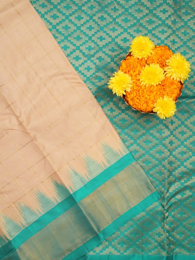 Gadwal pattu saree cream color allover zari weaves & kanchi border with rich pallu and contrast plain blouse