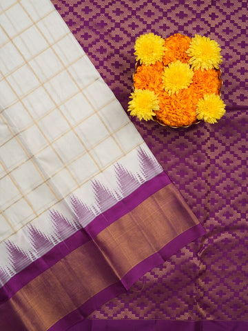 Gadwal pattu saree white color allover zari weaves & kanchi border with rich pallu and contrast plain blouse