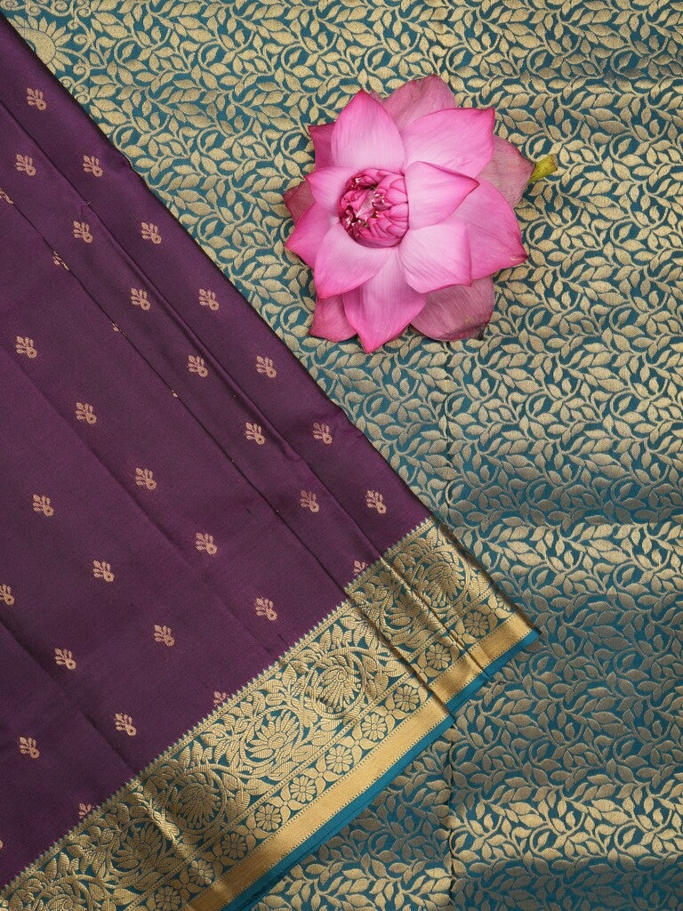 Kanchi pattu saree dark purple color allover zari motifs & zari border with rich pallu and contrast plain blouse