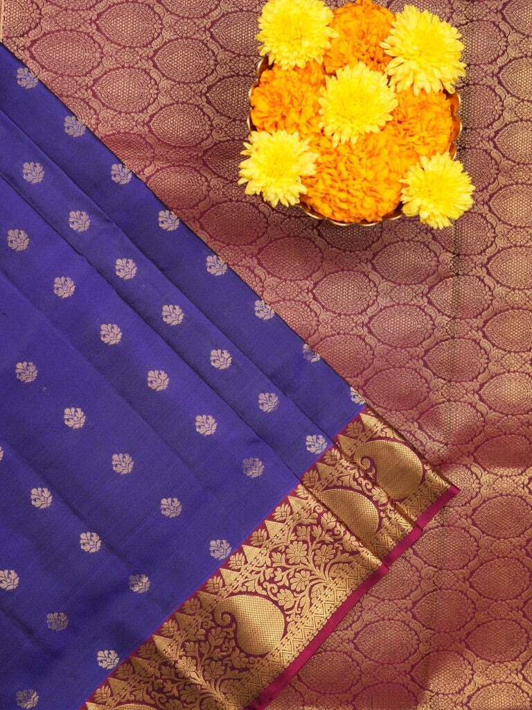 Kanchi pattu saree royal blue color allover zari motifs & zari border with rich pallu and contrast plain blouse