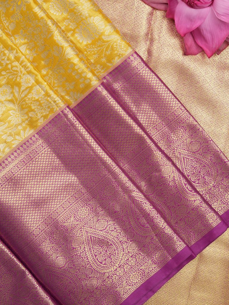 Kanchi pattu saree light yellow color allover zari weaves & kanchi border with rich pallu and contrast blouse
