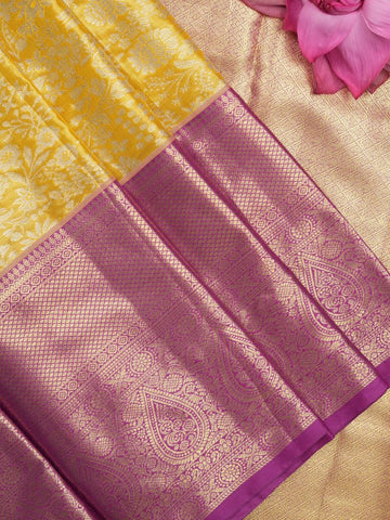 Kanchi pattu saree light yellow color allover zari weaves & kanchi border with rich pallu and contrast blouse