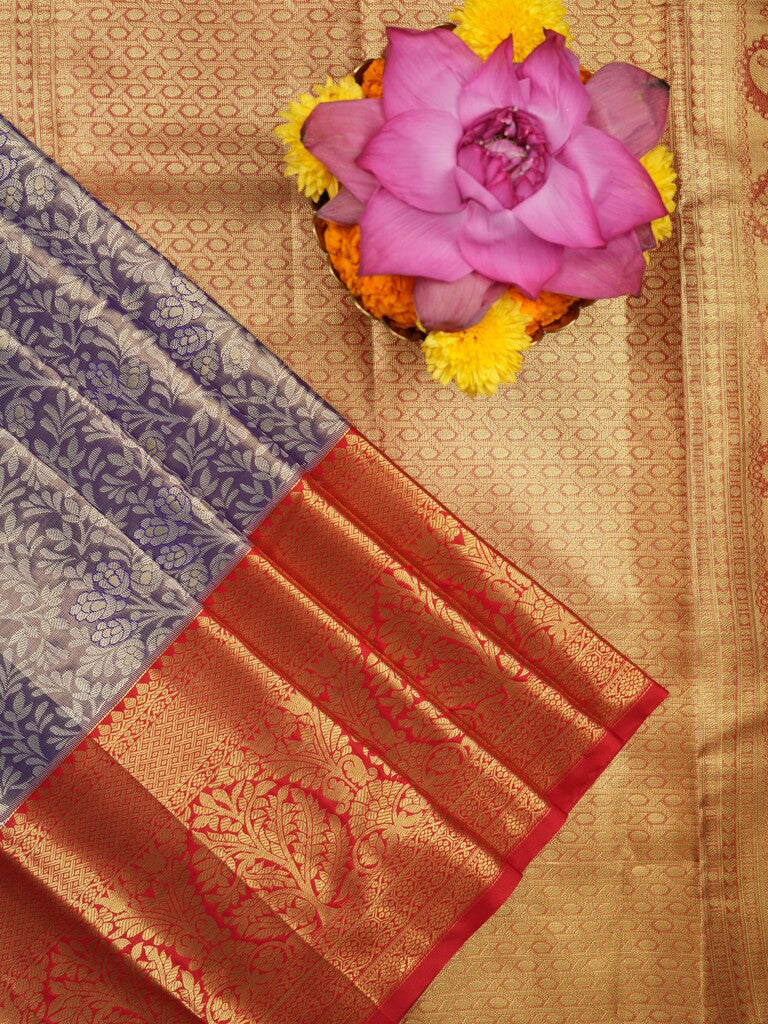 Kanchi pattu saree navy blue color allover zari weaves & kanchi border with rich pallu and contrast blouse