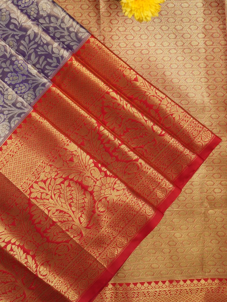 Kanchi pattu saree navy blue color allover zari weaves & kanchi border with rich pallu and contrast blouse