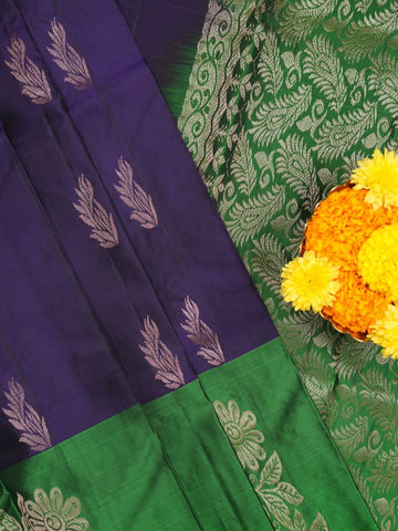 Kanchi pattu saree dark blue color allover zari motifs & zari border with rich pallu and contrast plain blouse