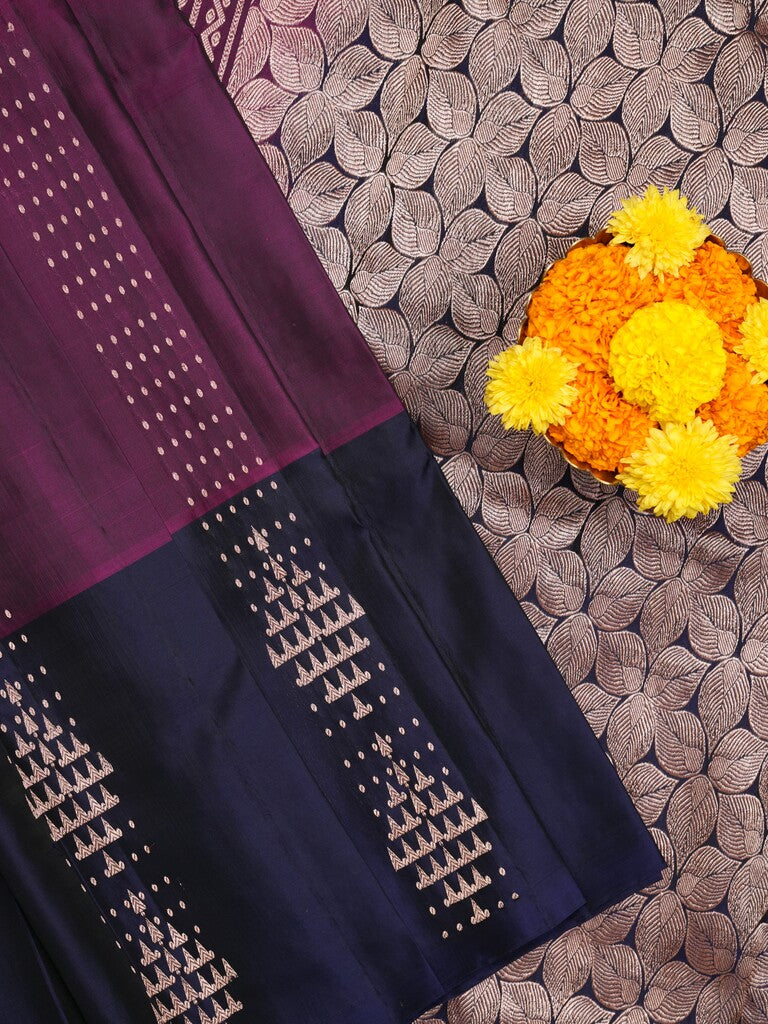 Kanchi pattu saree dark wine color allover zari motifs & zari border with rich pallu and contrast plain blouse