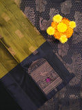 Kanchi pattu saree snuff color allover zari motifs & zari border with rich pallu and contrast plain blouse