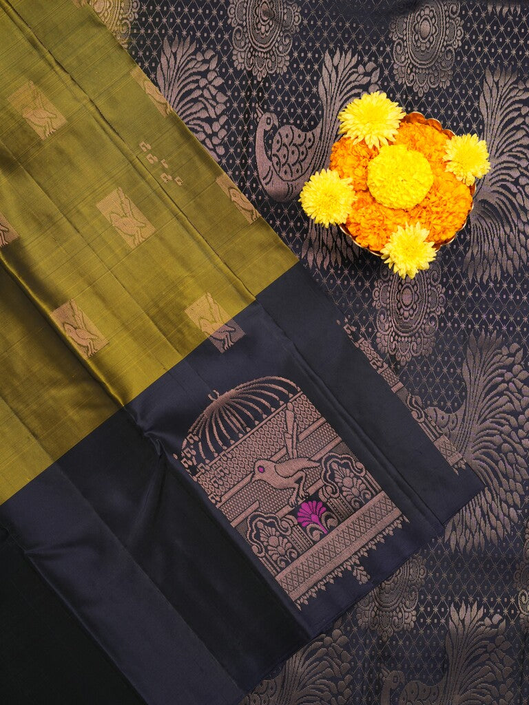 Kanchi pattu saree snuff color allover zari motifs & zari border with rich pallu and contrast plain blouse