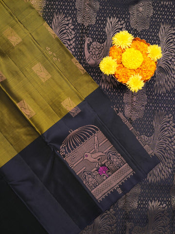 Kanchi pattu saree snuff color allover zari motifs & zari border with rich pallu and contrast plain blouse