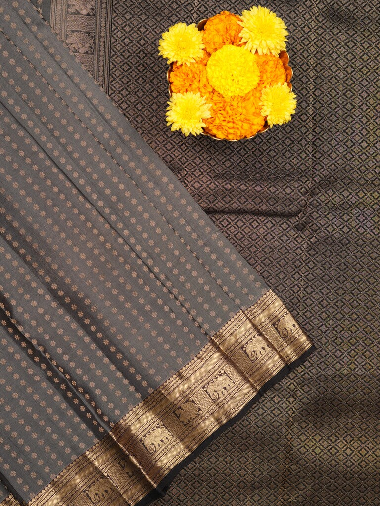 Kanchi pattu saree grey color allover zari motifs & zari border with rich pallu and contrast plain blouse