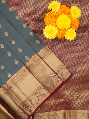 Kanchi pattu saree bluish grey color allover zari motifs & kanchi border with rich pallu and contrast plain blouse