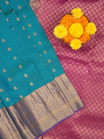 Kanchi pattu saree sky blue color allover zari motifs & kanchi border with rich pallu and contrast plain blouse