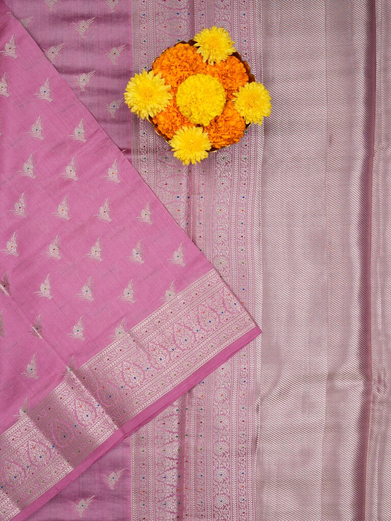 Raw mango pattu saree purple color allover zari motifs & zari border with zari pallu and brocade blouse