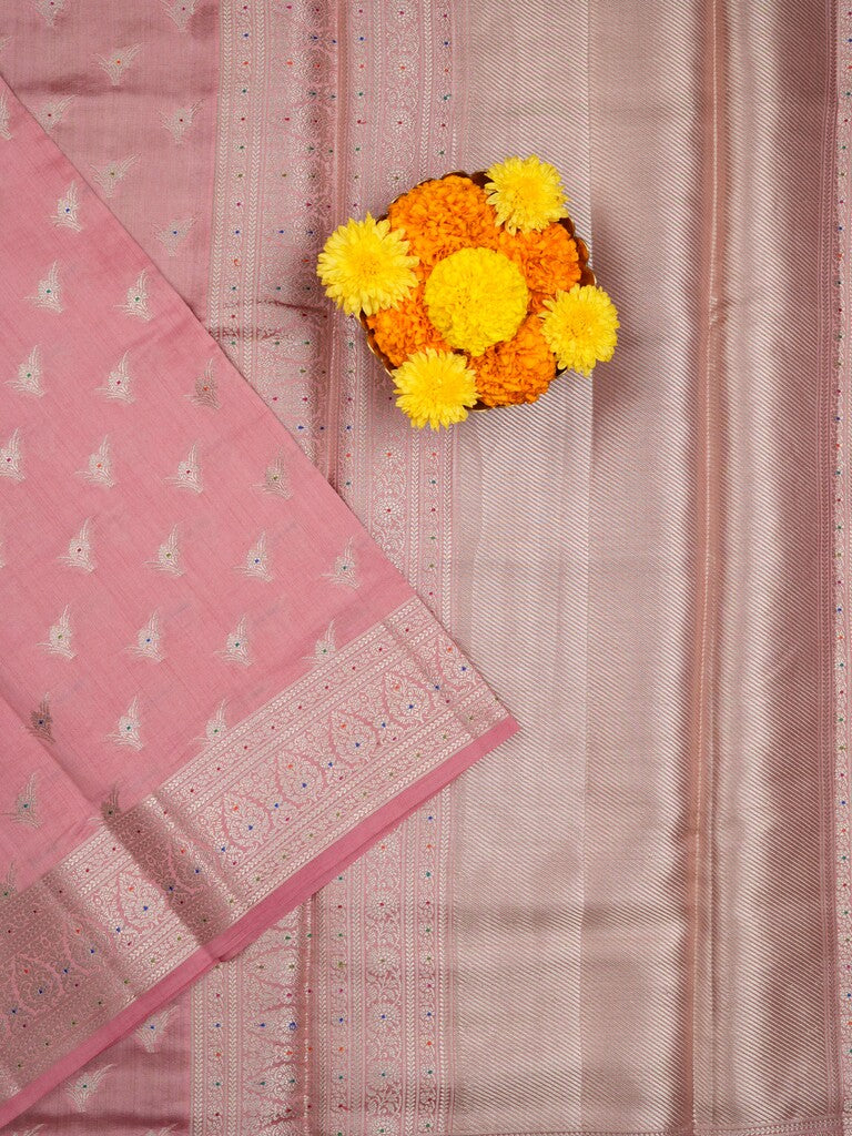 Raw mango pattu saree baby pink color allover zari motifs & zari border with zari pallu and brocade blouse