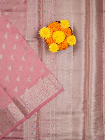 Raw mango pattu saree baby pink color allover zari motifs & zari border with zari pallu and brocade blouse