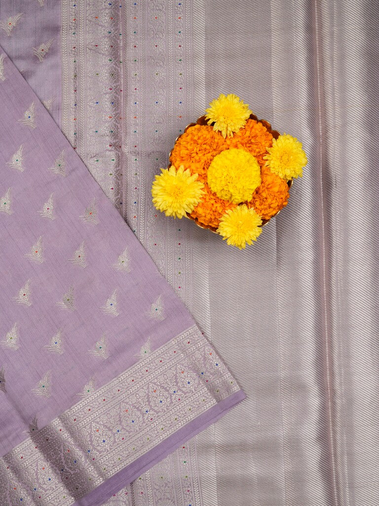 Raw mango pattu saree lavender color allover zari motifs & zari border with zari pallu and brocade blouse
