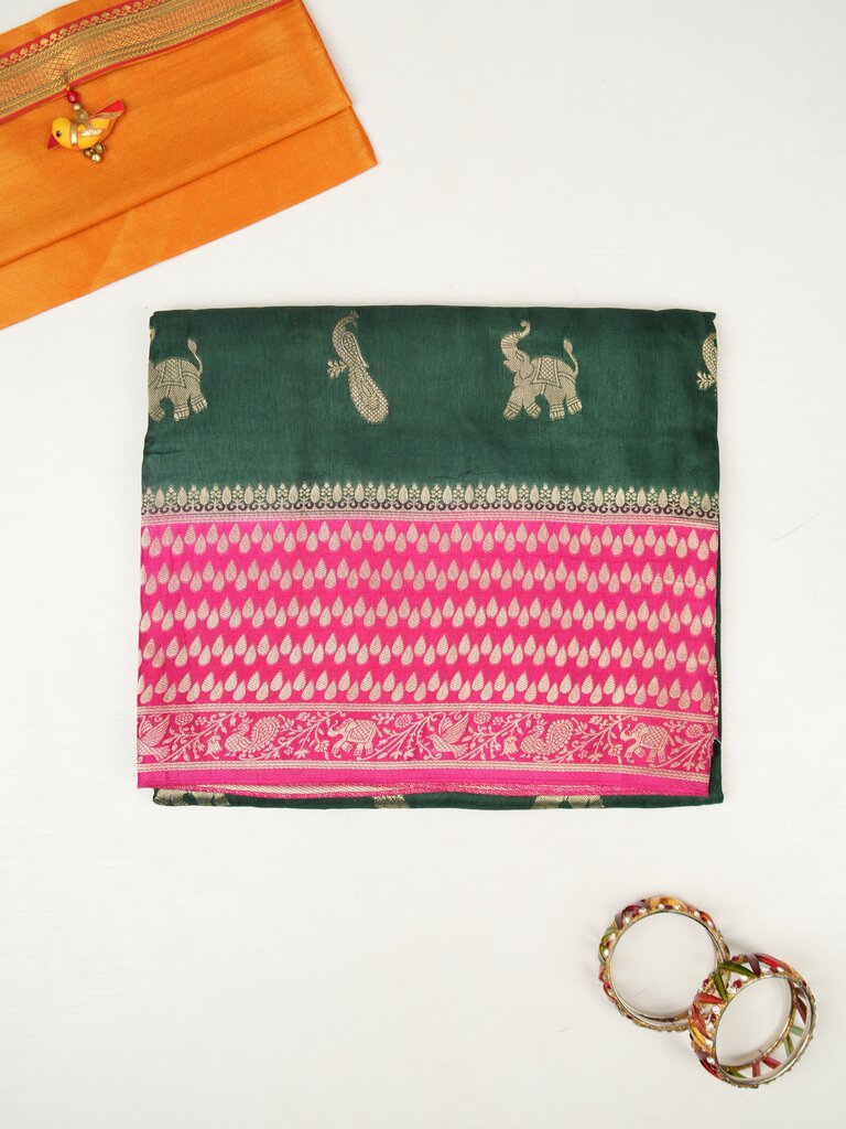 Tabby silk fancy saree allover zari motifs and zzari border with brocade pallu and contrast blouse