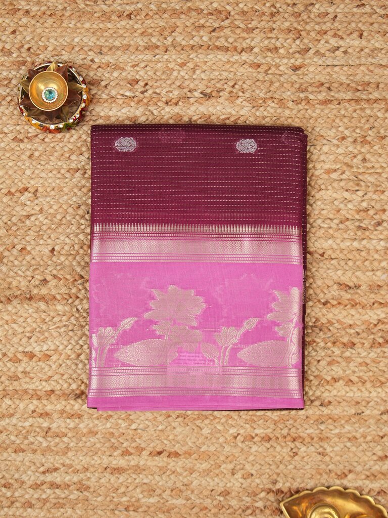 Dupion fancy saree allover zari motifs and zari border with contrast blouse