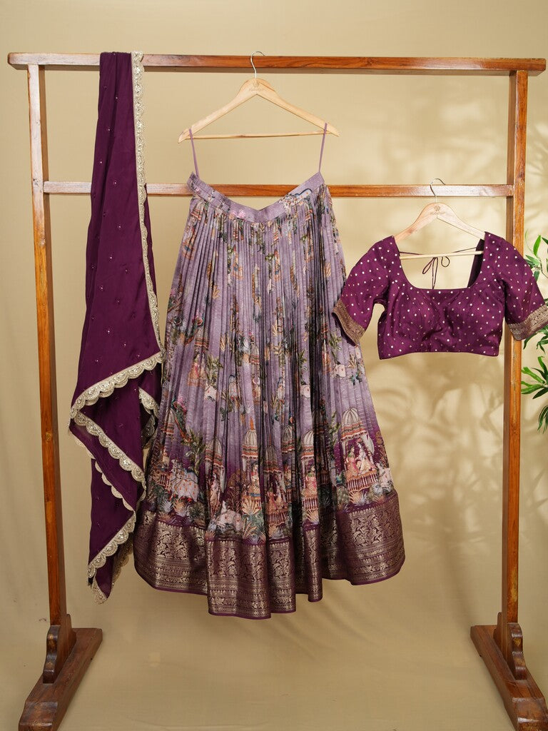 Classy light purple dola silk lehenga set with elegant zari featuring soft fabric | Ready to wear